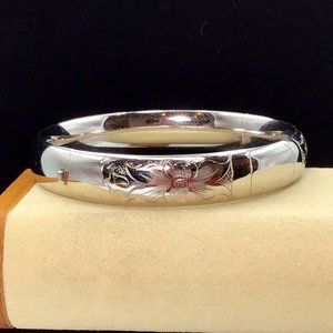 Sterling Silver Bangle Engraved Floral Hallmark WEH Vintage 12mm 18.9g Size 7.25